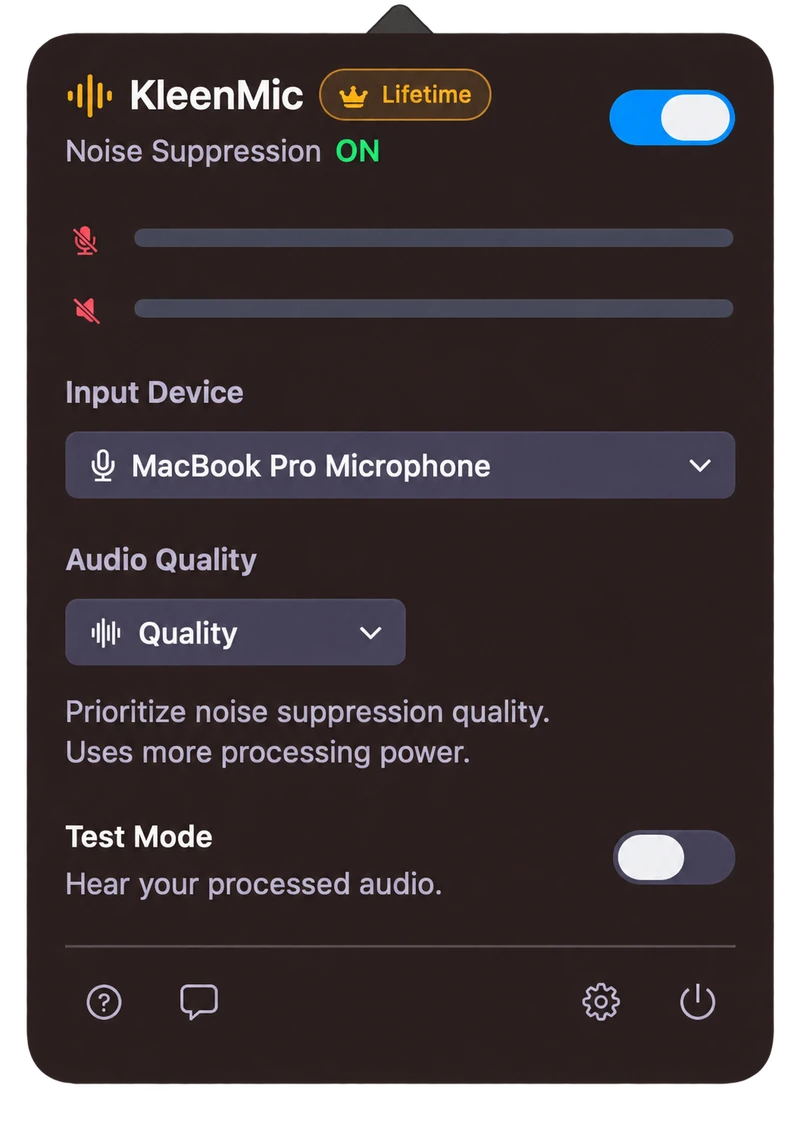 KleenMic showing noise suppression on, MacBook Pro Microphone as its input, Quality mode selected and Test Mode off.