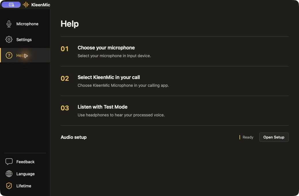 KleenMic for macOS 1.01 Help page with three numbered steps and Audio setup marked Ready.