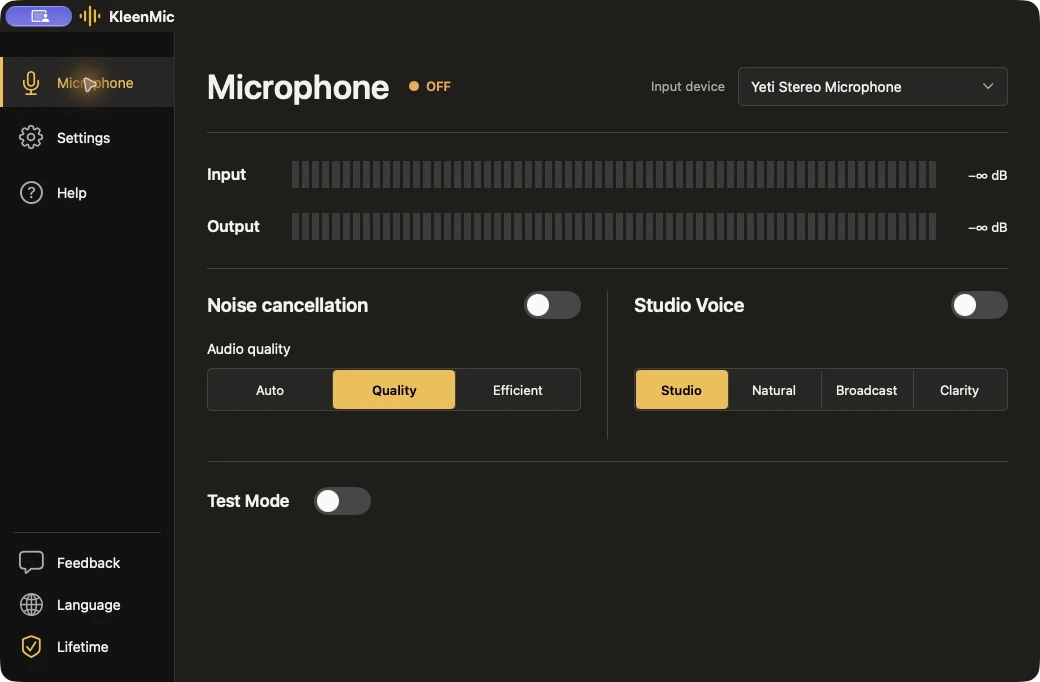KleenMic for macOS 1.01 with Yeti Stereo Microphone selected, Quality selected, and Noise cancellation, Studio Voice and Test Mode off.