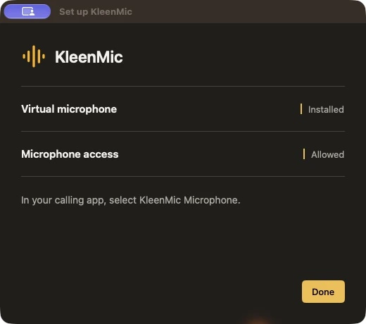 KleenMic for macOS 1.01 Setup dialog showing the virtual microphone Installed and microphone access Allowed.