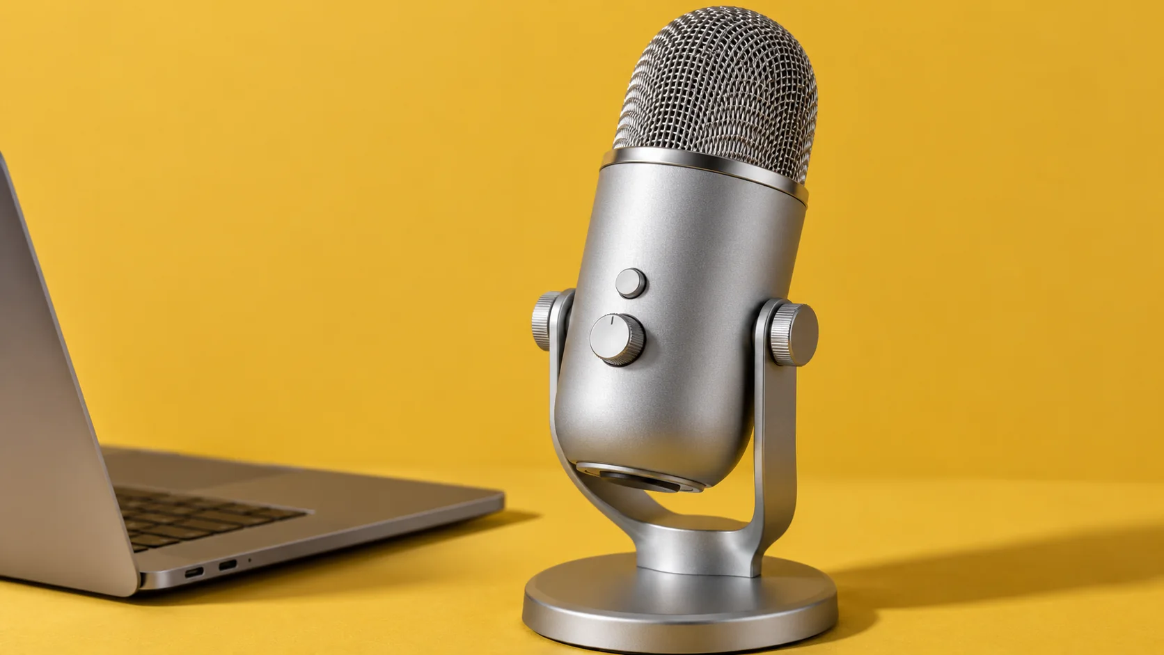 Editorial illustration of a silver side-address USB microphone on a yellow background beside a cropped laptop edge.