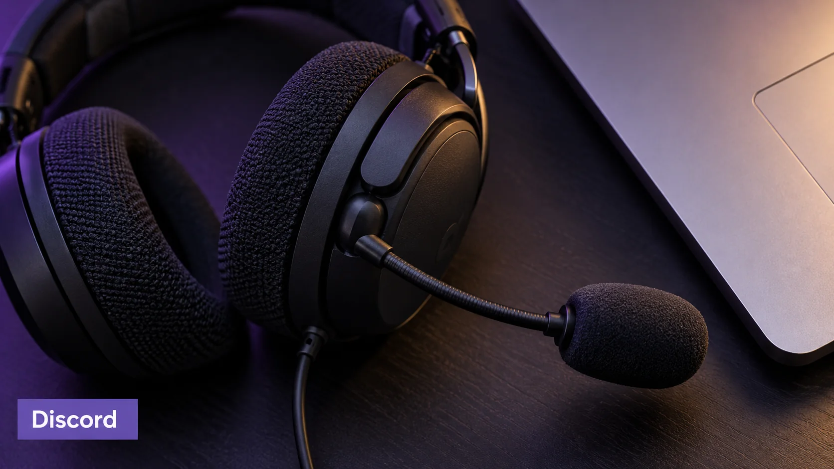 Close editorial photograph of a gaming headset beside a silver laptop, with a small Discord label.