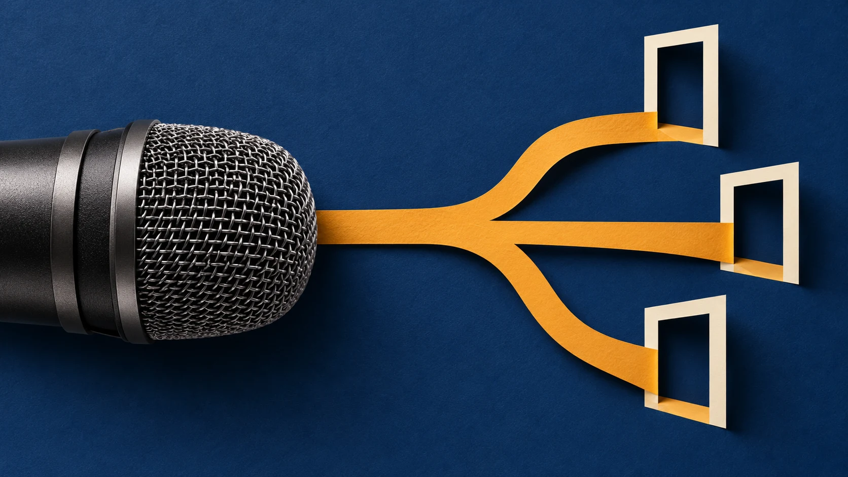 Editorial illustration of a microphone linked by an amber paper path to three abstract doorways.
