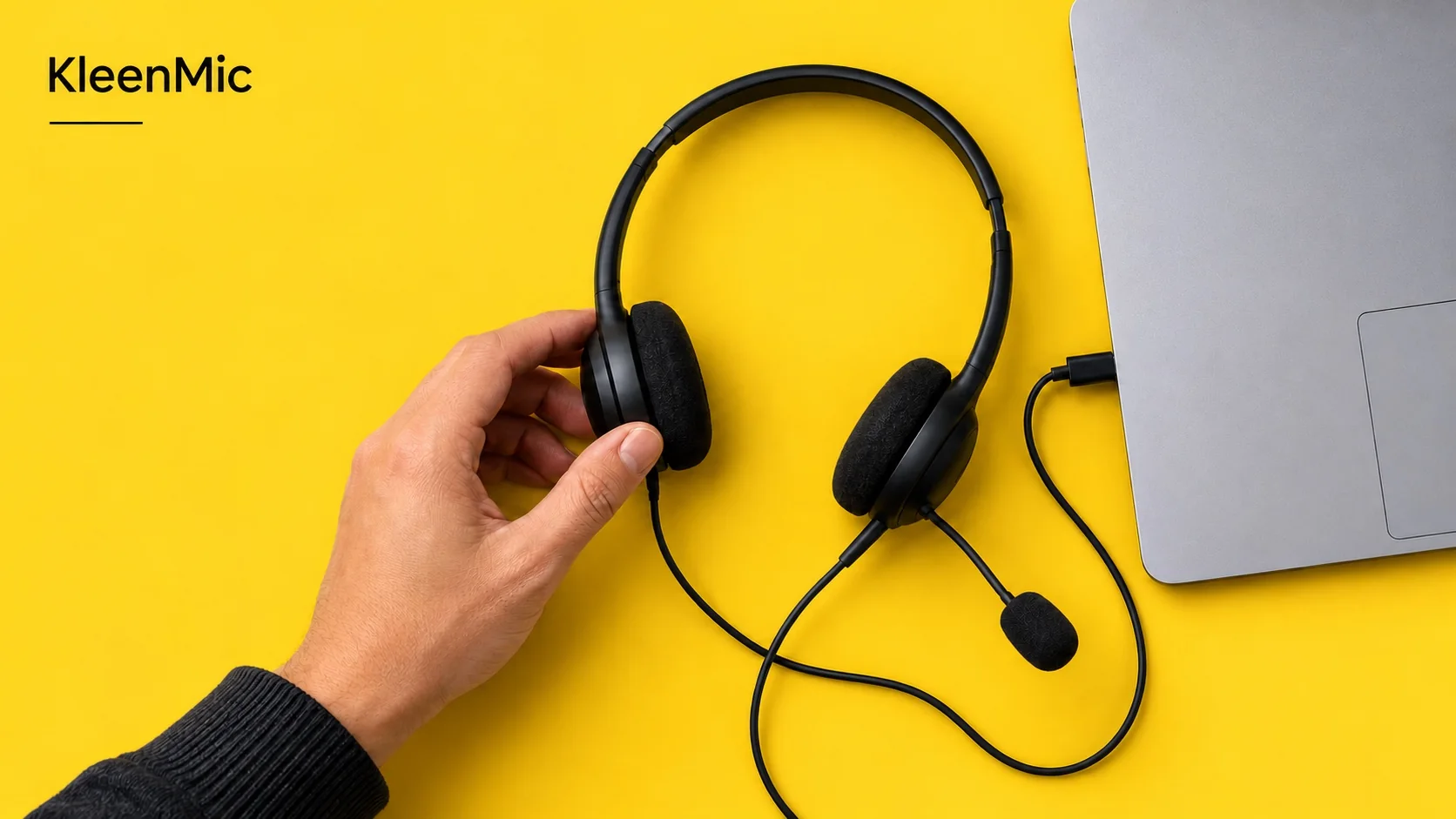 Hand preparing a wired headset next to a cropped silver laptop on yellow, with a KleenMic label.