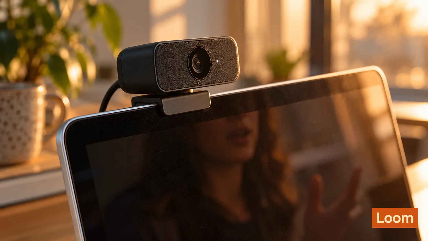 Editorial photograph of a webcam clipped to a laptop display, with a small Loom label.