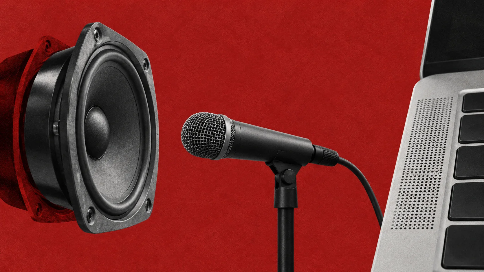 Conceptual editorial collage of a microphone and loudspeaker with one offset repeated speaker image.