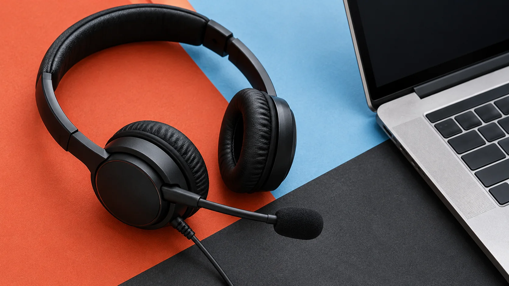 Editorial collage of a silver Mac laptop and a wired headset across contrasting flat color panels.