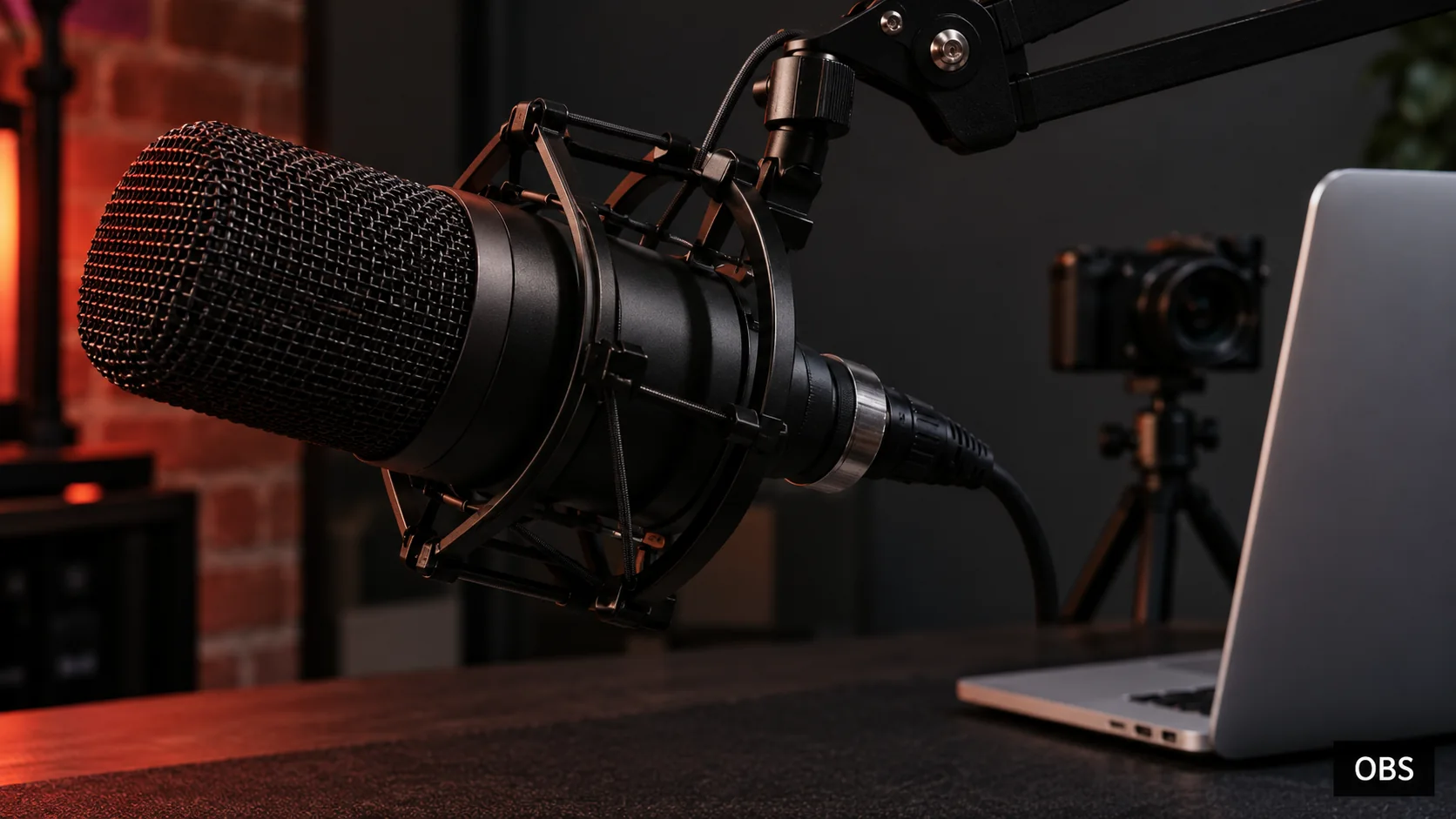 Close editorial photograph of a recording microphone on a boom arm beside a laptop, with a small OBS label.