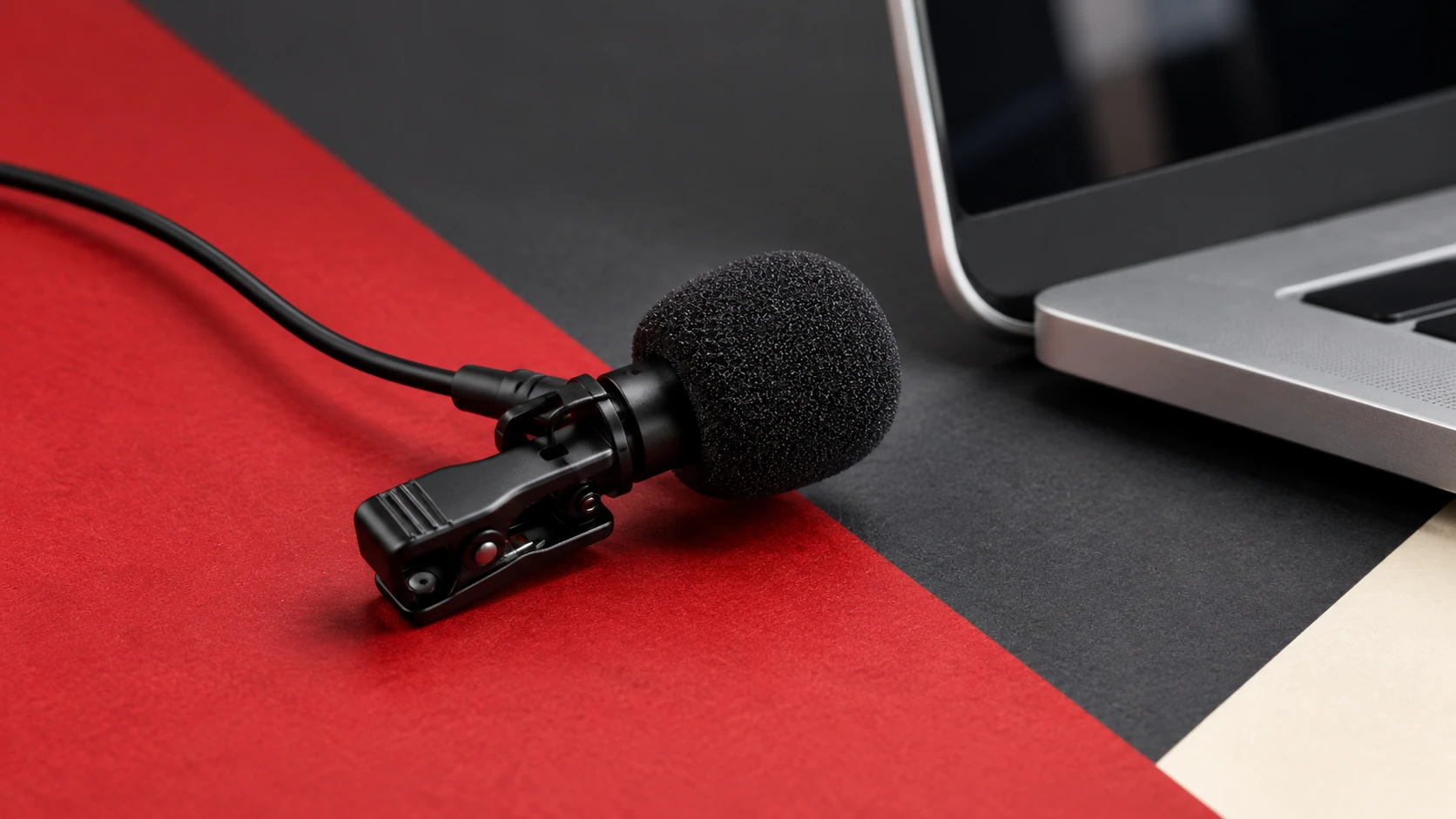 Original editorial illustration of a wired lapel microphone beside a cropped silver laptop on red and charcoal panels.